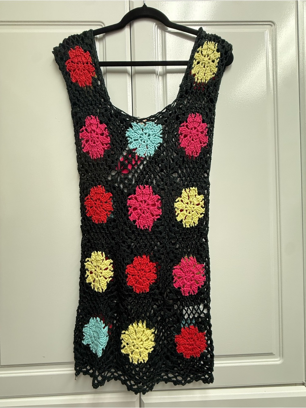TACH Black Crochet Tank with Bright Floral Appliqués